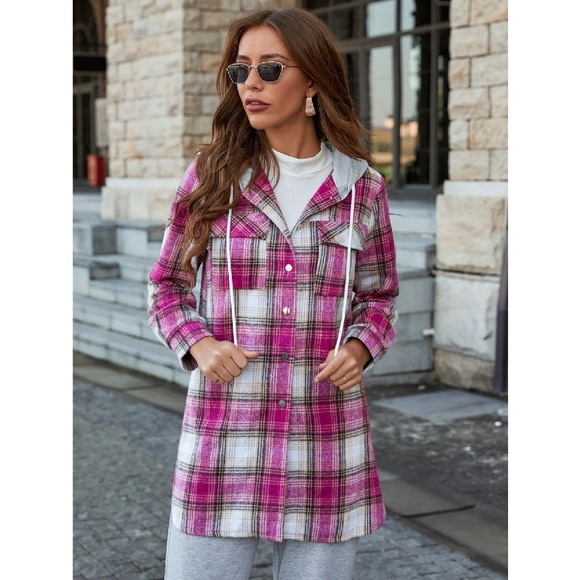 Pink Hooded Flannel Plaid Shirt Jacket XXL NWOT - Picture 2 of 6